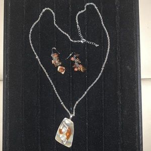 Vintage Brown n Beige color 3D Agate Pendant Necklace w/ Earrings